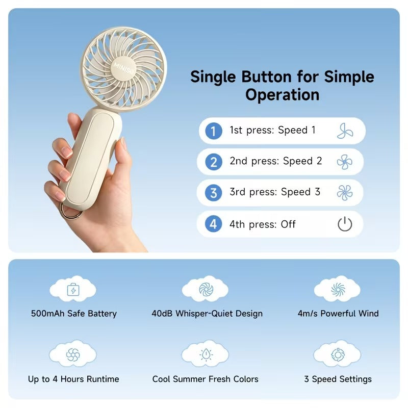 3-Speed Rechargeable Battery Handheld Fan with Carabiner Clip, Desktop And Personal Use for Outdoor, Travel, Camping, Hiking, Makeup, Gifts for Girlfriend Or Boyfriend